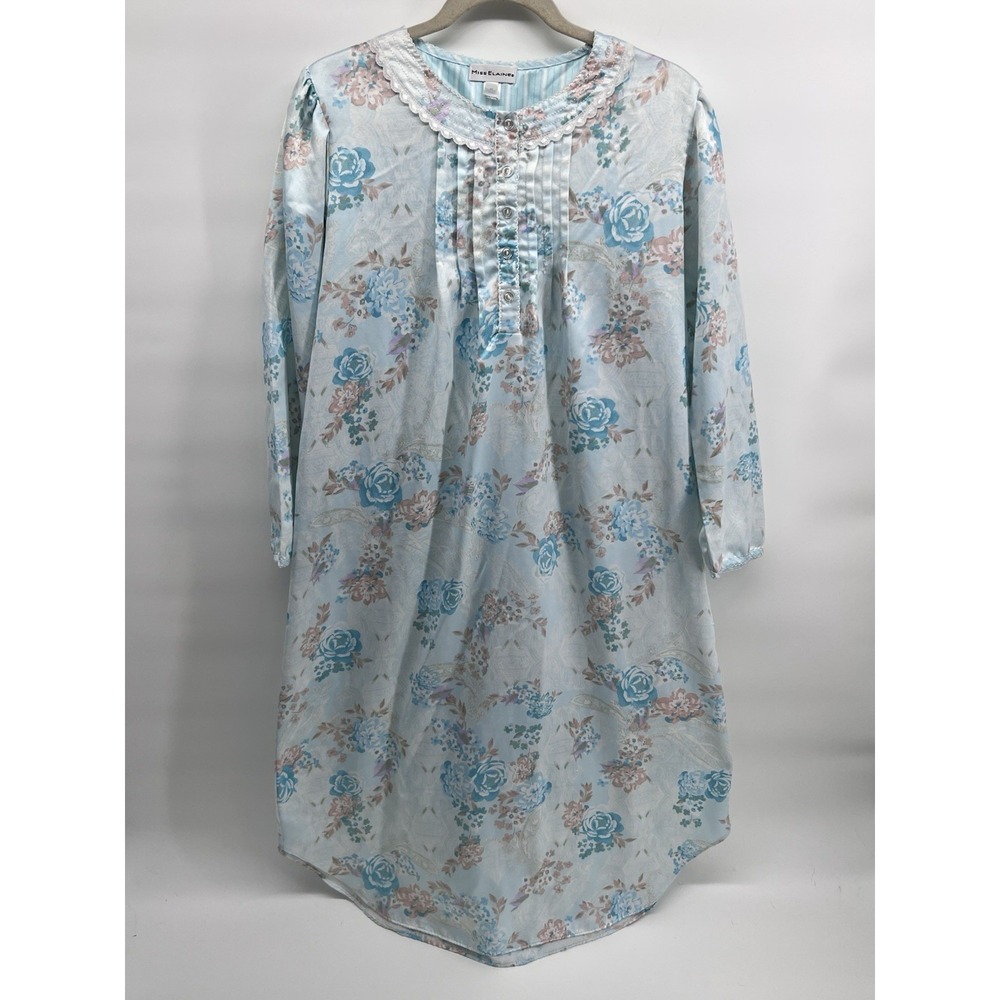 Miss Elaine Brushed Satin Long Nightgown Medium Floral L/S Grannycore Tradwife